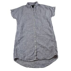 Tahari 100% Linen Striped Shirt Dress Small Blue White Button Down